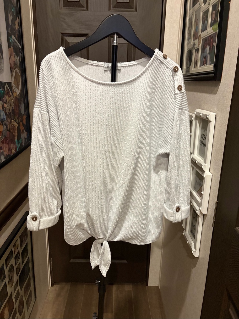 Cream Waffle-Knit Tie-Front Top with Buttoned Shoulders